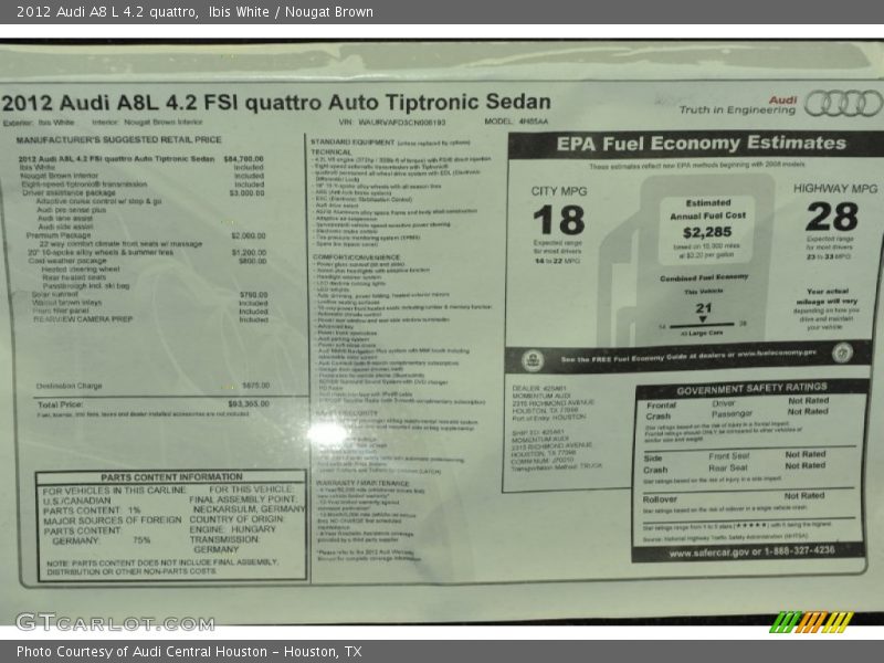  2012 A8 L 4.2 quattro Window Sticker