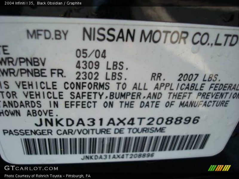 Black Obsidian / Graphite 2004 Infiniti I 35