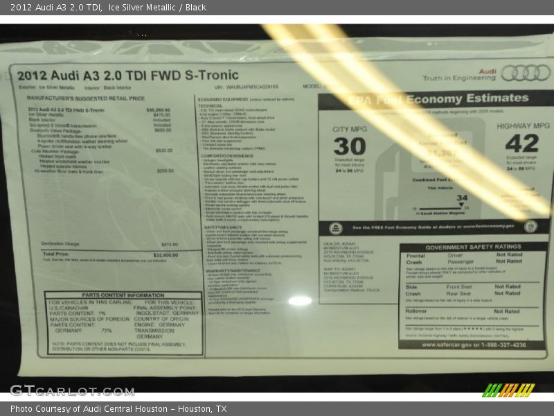  2012 A3 2.0 TDI Window Sticker