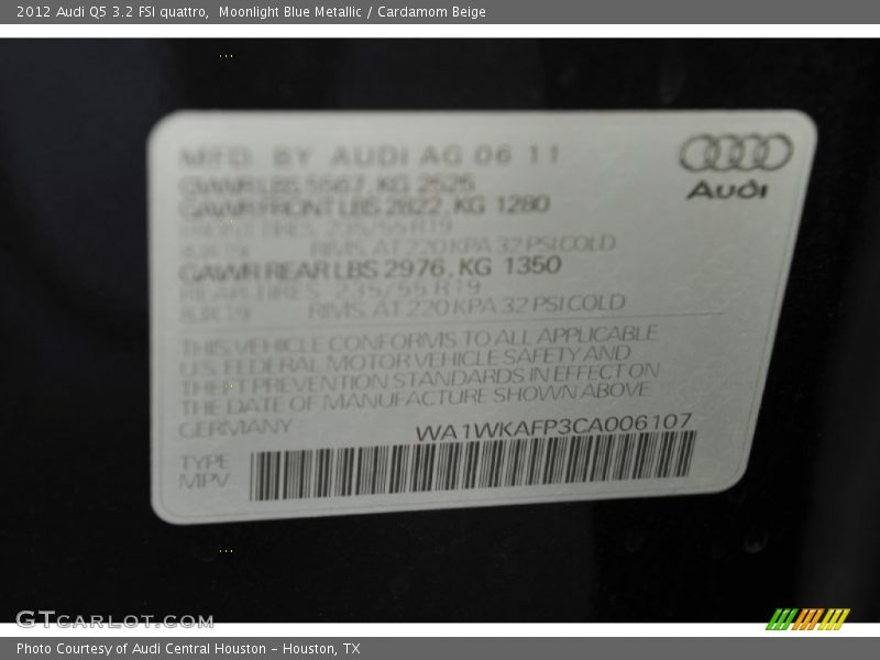 Moonlight Blue Metallic / Cardamom Beige 2012 Audi Q5 3.2 FSI quattro