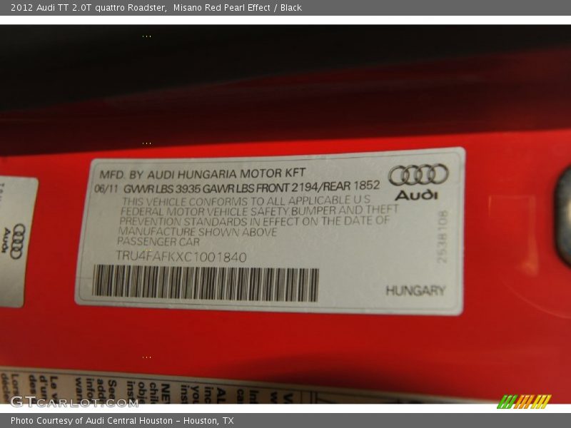 Info Tag of 2012 TT 2.0T quattro Roadster
