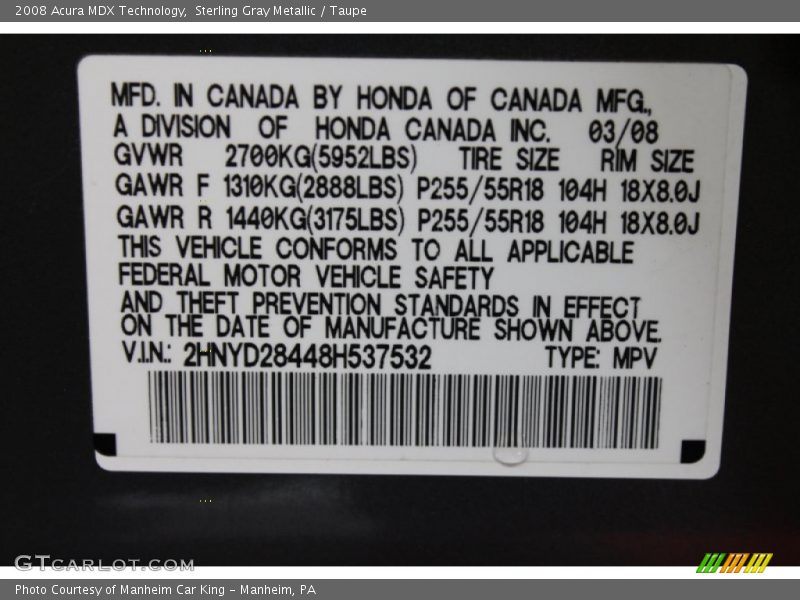 Sterling Gray Metallic / Taupe 2008 Acura MDX Technology