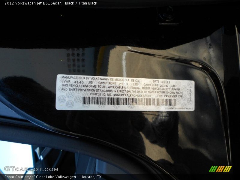 Black / Titan Black 2012 Volkswagen Jetta SE Sedan
