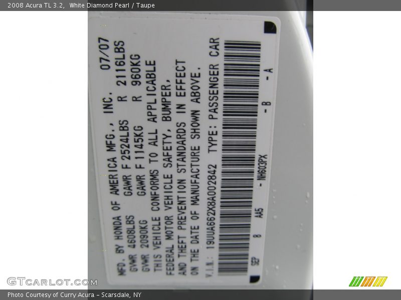 White Diamond Pearl / Taupe 2008 Acura TL 3.2