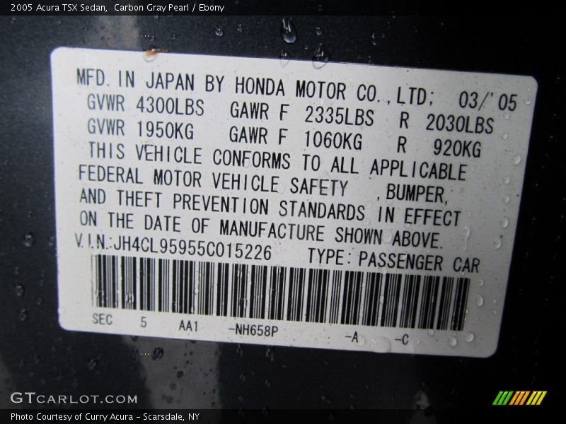 2005 TSX Sedan Carbon Gray Pearl Color Code NH658P