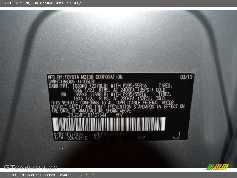2011 xB  Classic Silver Metallic Color Code 1F7