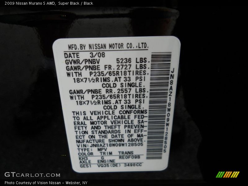 Super Black / Black 2009 Nissan Murano S AWD