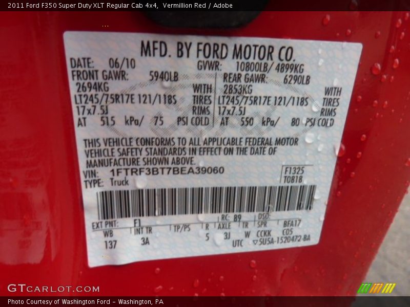 2011 F350 Super Duty XLT Regular Cab 4x4 Vermillion Red Color Code F1