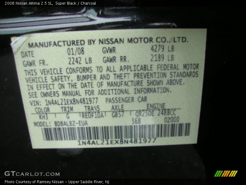 Super Black / Charcoal 2008 Nissan Altima 2.5 SL