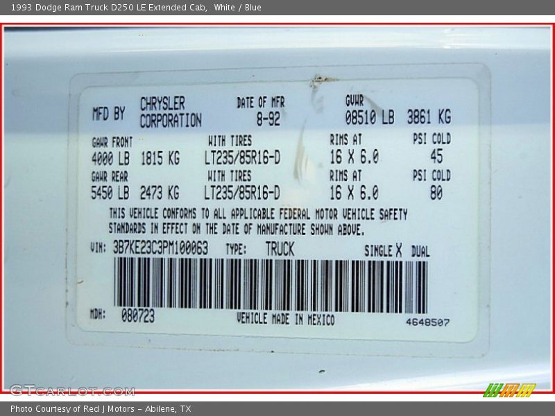 Info Tag of 1993 Ram Truck D250 LE Extended Cab