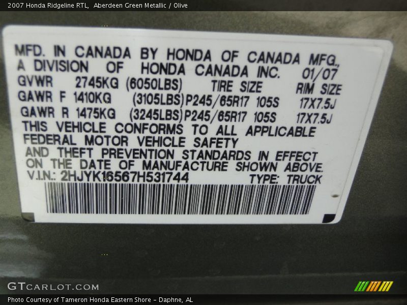 Aberdeen Green Metallic / Olive 2007 Honda Ridgeline RTL