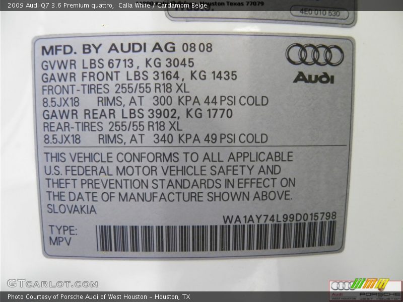 Calla White / Cardamom Beige 2009 Audi Q7 3.6 Premium quattro