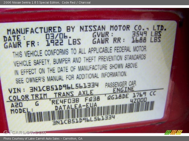 Code Red / Charcoal 2006 Nissan Sentra 1.8 S Special Edition