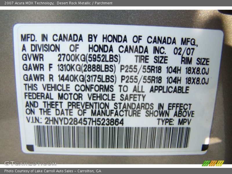 Desert Rock Metallic / Parchment 2007 Acura MDX Technology