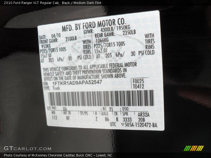 Black / Medium Dark Flint 2010 Ford Ranger XLT Regular Cab