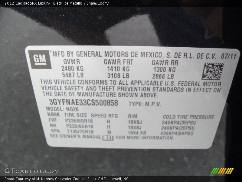 Black Ice Metallic / Shale/Ebony 2012 Cadillac SRX Luxury