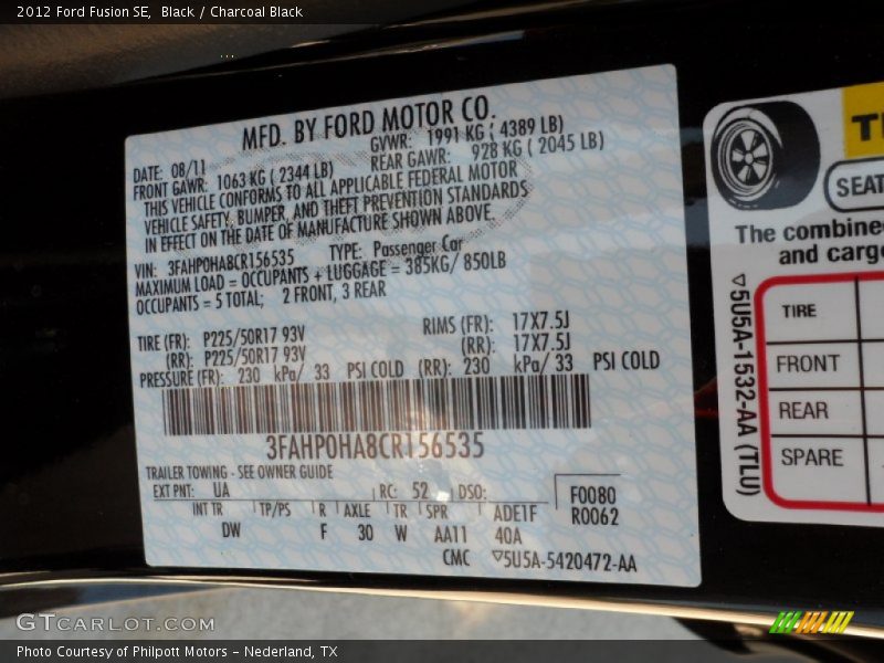 Black / Charcoal Black 2012 Ford Fusion SE