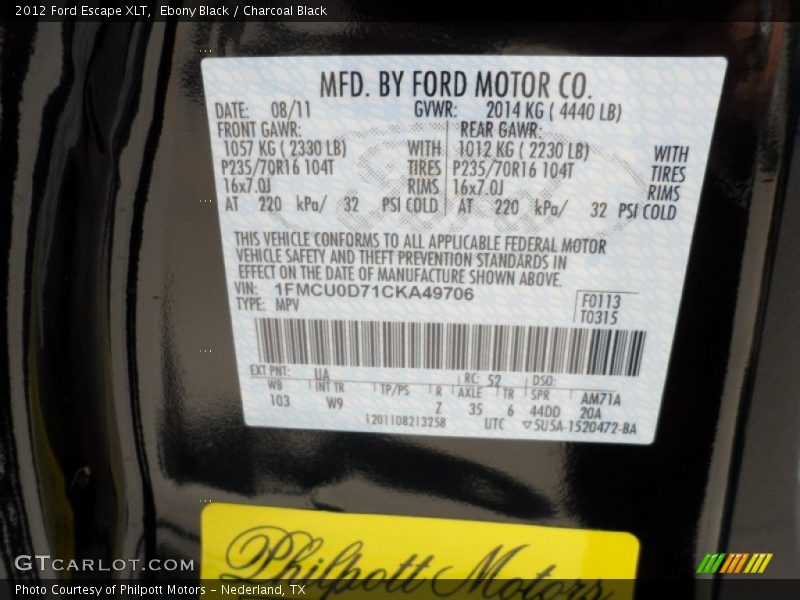 Ebony Black / Charcoal Black 2012 Ford Escape XLT