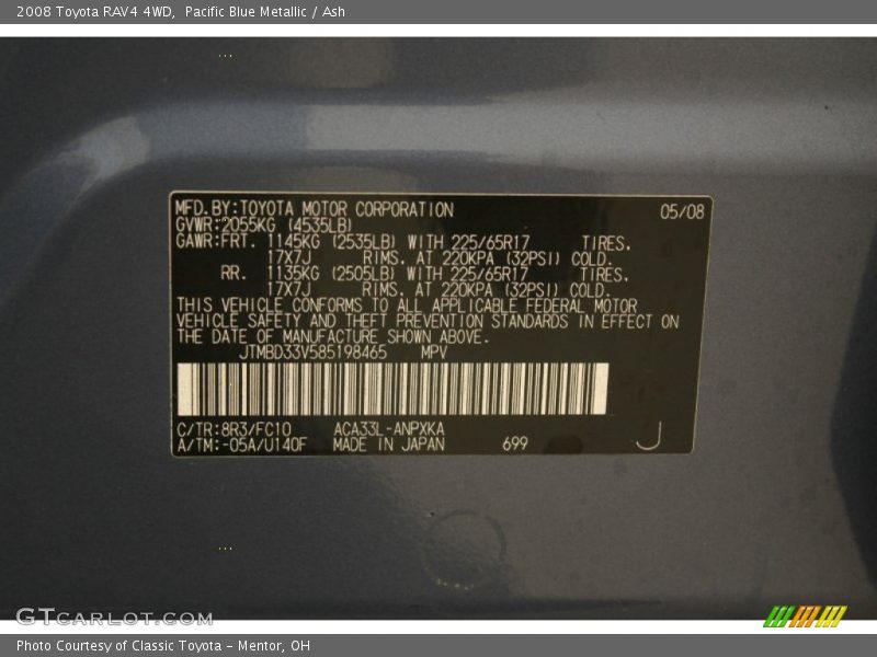 Pacific Blue Metallic / Ash 2008 Toyota RAV4 4WD