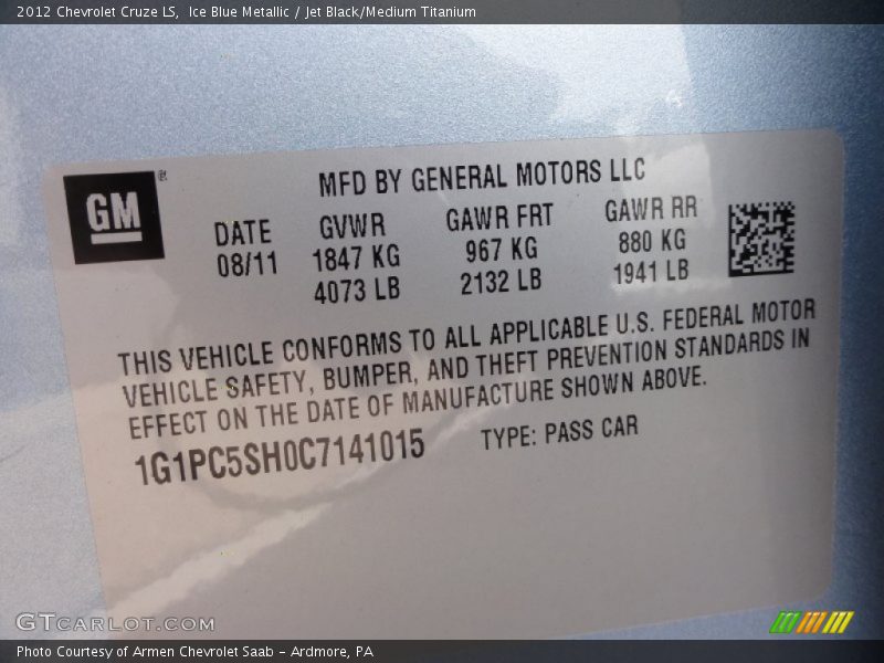 Info Tag of 2012 Cruze LS