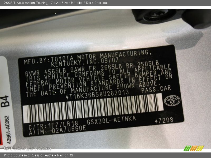 Classic Silver Metallic / Dark Charcoal 2008 Toyota Avalon Touring