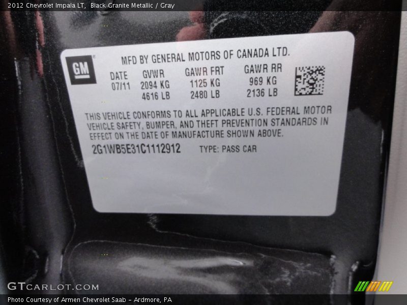 Black Granite Metallic / Gray 2012 Chevrolet Impala LT