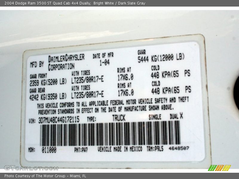 Info Tag of 2004 Ram 3500 ST Quad Cab 4x4 Dually
