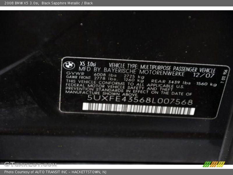 Black Sapphire Metallic / Black 2008 BMW X5 3.0si