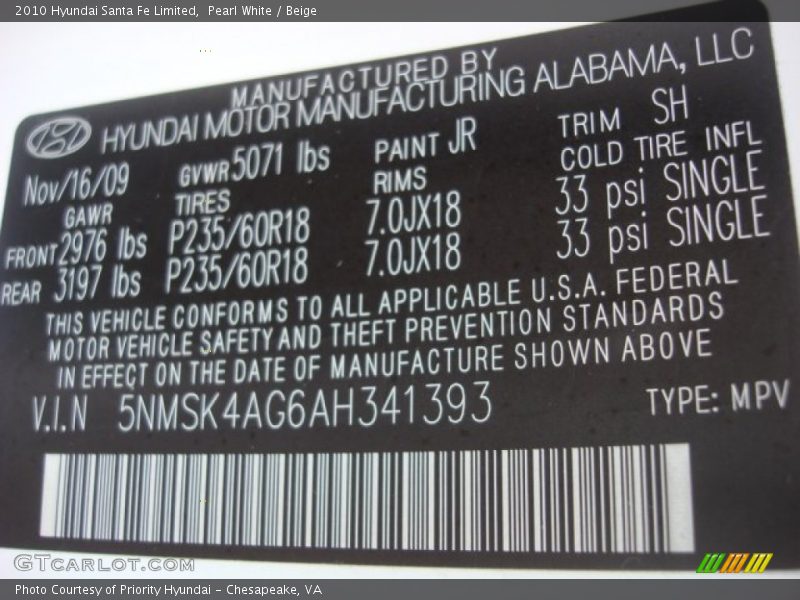Pearl White / Beige 2010 Hyundai Santa Fe Limited