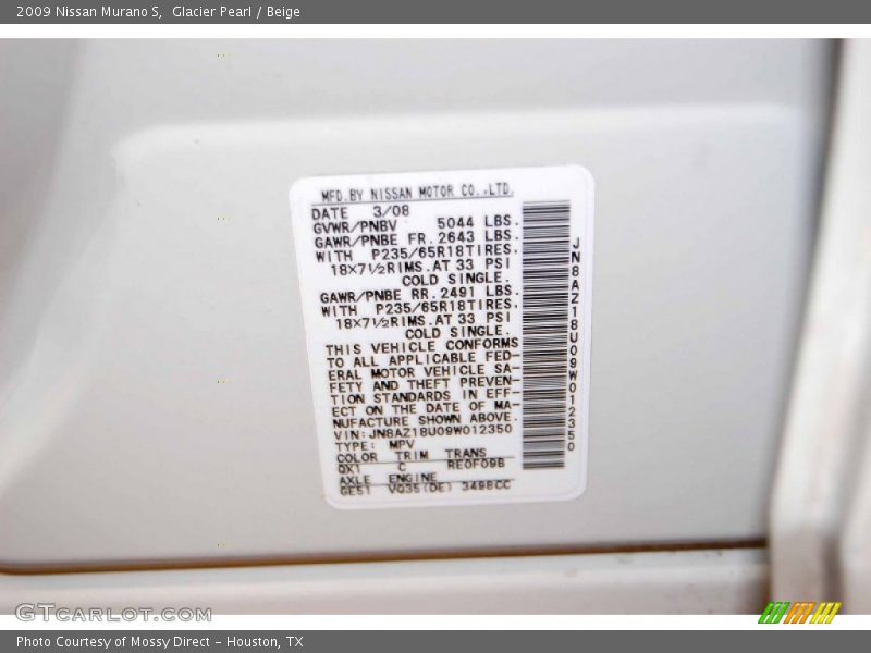 Glacier Pearl / Beige 2009 Nissan Murano S