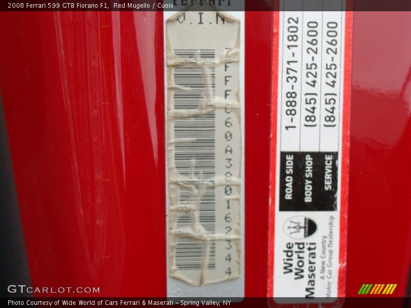 Info Tag of 2008 599 GTB Fiorano F1