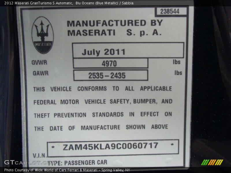 Info Tag of 2012 GranTurismo S Automatic