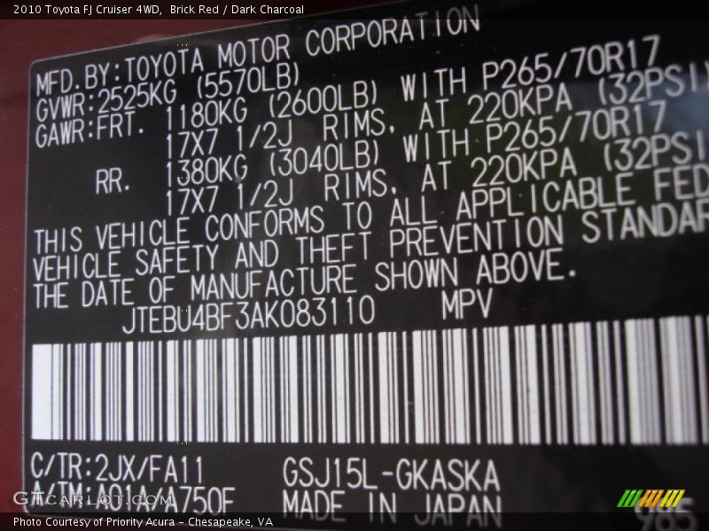 Brick Red / Dark Charcoal 2010 Toyota FJ Cruiser 4WD
