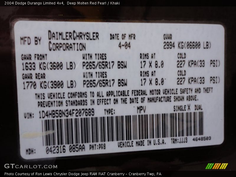 Deep Molten Red Pearl / Khaki 2004 Dodge Durango Limited 4x4