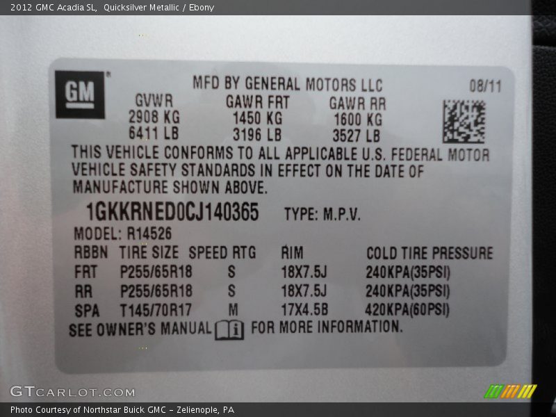 Quicksilver Metallic / Ebony 2012 GMC Acadia SL