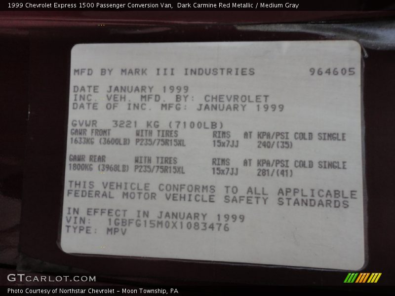 Info Tag of 1999 Express 1500 Passenger Conversion Van