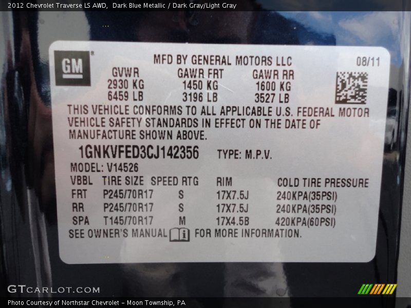 Info Tag of 2012 Traverse LS AWD