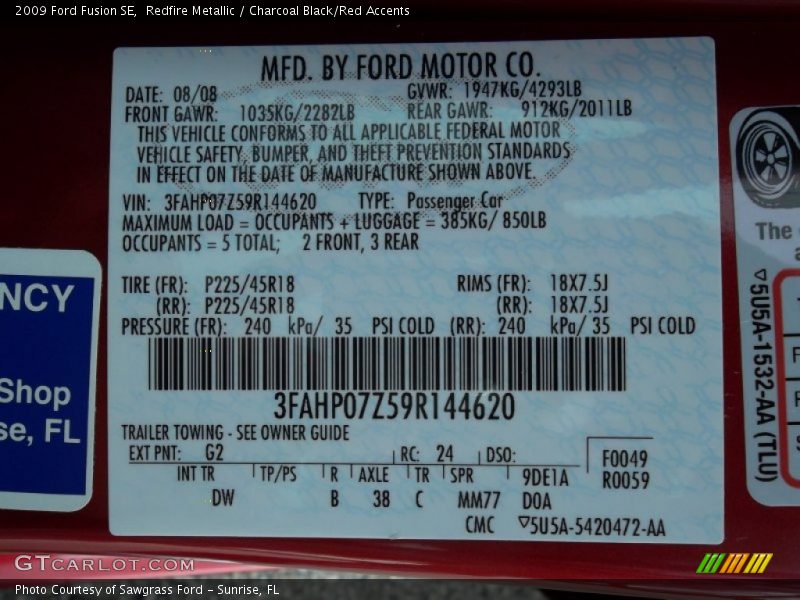 Redfire Metallic / Charcoal Black/Red Accents 2009 Ford Fusion SE