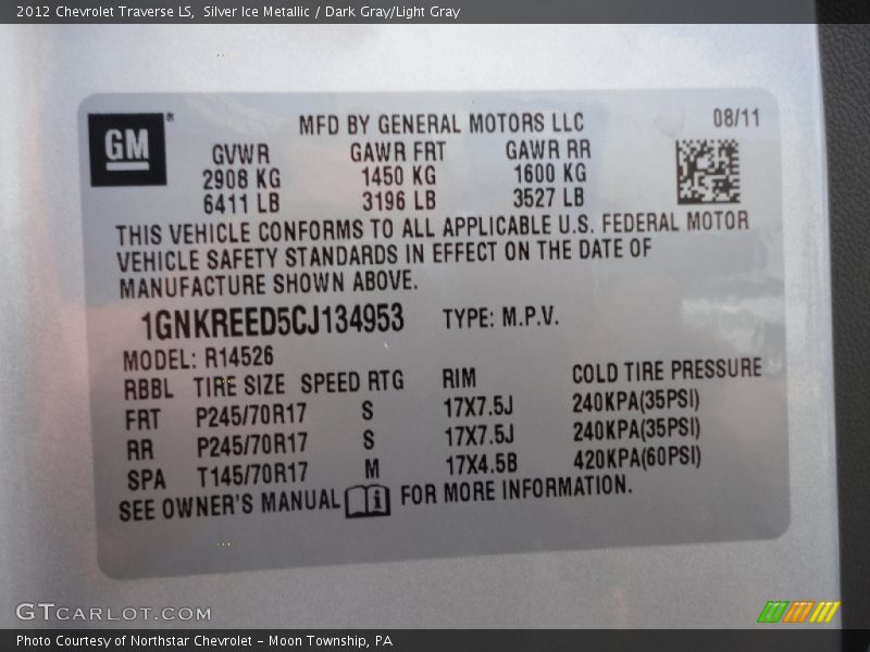 Silver Ice Metallic / Dark Gray/Light Gray 2012 Chevrolet Traverse LS