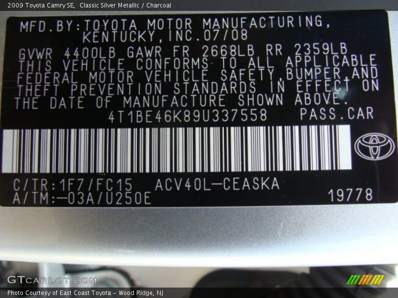 Classic Silver Metallic / Charcoal 2009 Toyota Camry SE