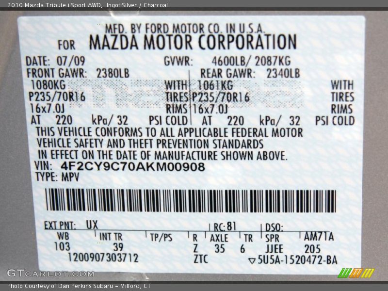2010 Tribute i Sport AWD Ingot Silver Color Code UX