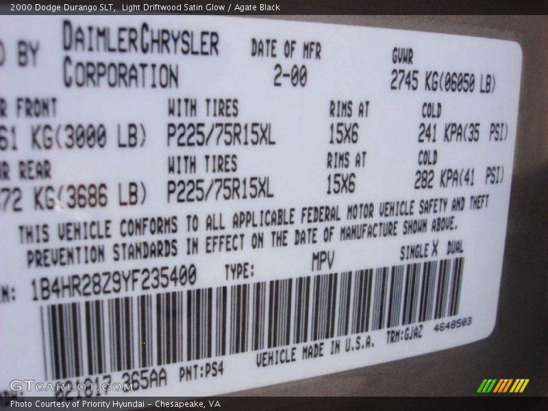 2000 Durango SLT Light Driftwood Satin Glow Color Code PS4