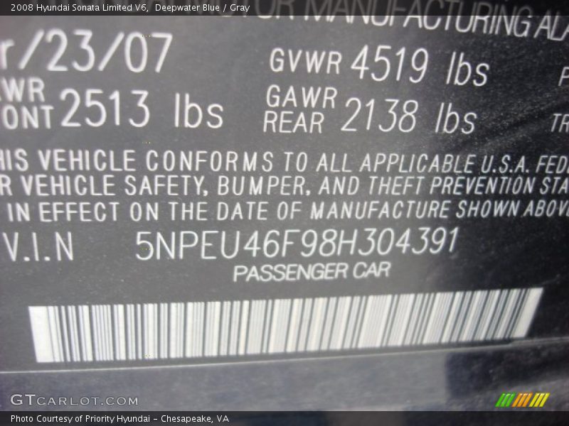 Deepwater Blue / Gray 2008 Hyundai Sonata Limited V6
