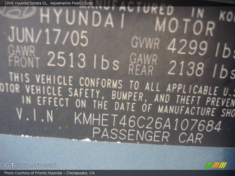 Aquamarine Pearl / Gray 2006 Hyundai Sonata GL