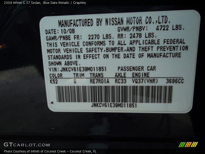 Blue Slate Metallic / Graphite 2009 Infiniti G 37 Sedan