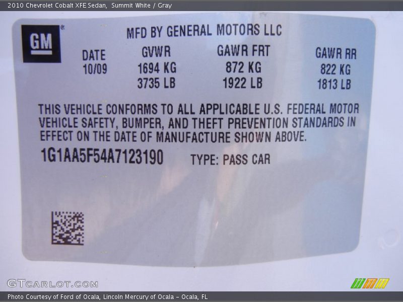 Summit White / Gray 2010 Chevrolet Cobalt XFE Sedan