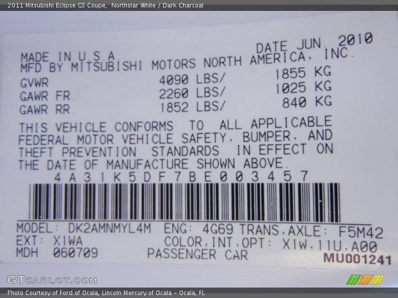 2011 Eclipse GS Coupe Northstar White Color Code X1W
