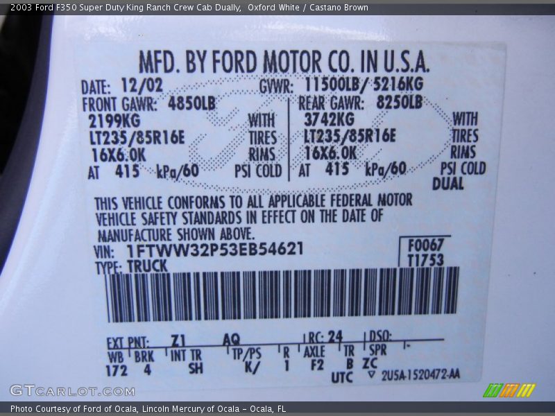 2003 F350 Super Duty King Ranch Crew Cab Dually Oxford White Color Code Z1