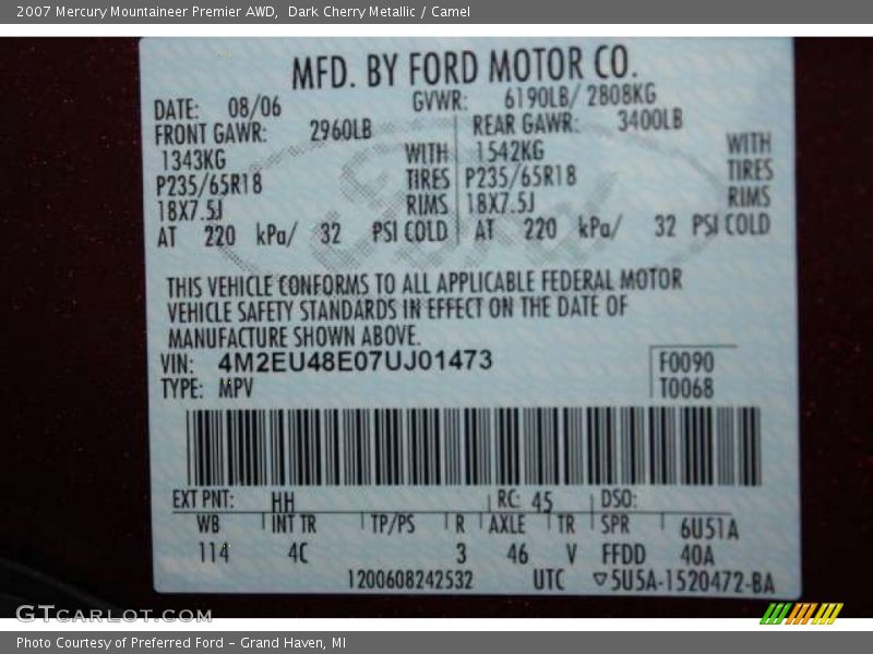 Dark Cherry Metallic / Camel 2007 Mercury Mountaineer Premier AWD