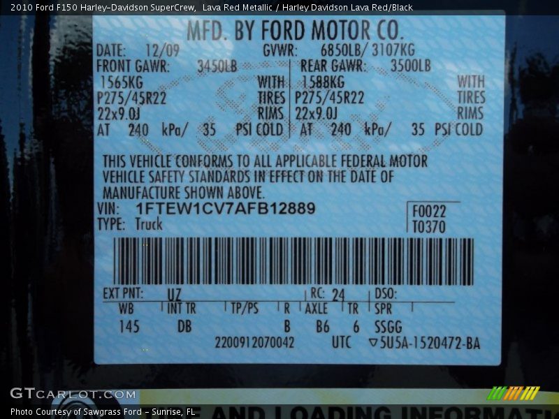 2010 F150 Harley-Davidson SuperCrew Lava Red Metallic Color Code UZ